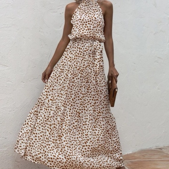Boho cream brown halter dot belted maxi dress - Picture 8 of 11